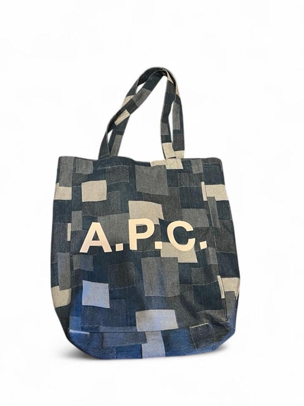 APC blue patchwork denim canvas tote logo bag EUC
